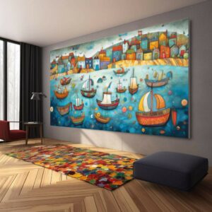 Boote Party Kunst auf Leinwand Bunte Boote & Hafen Gemälde Nautische Landschaft Kunstwerk Sommer l427