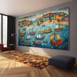 Boote Party Kunst auf Leinwand Bunte Boote & Hafen Gemälde Nautische Landschaft Kunstwerk Sommer l431
