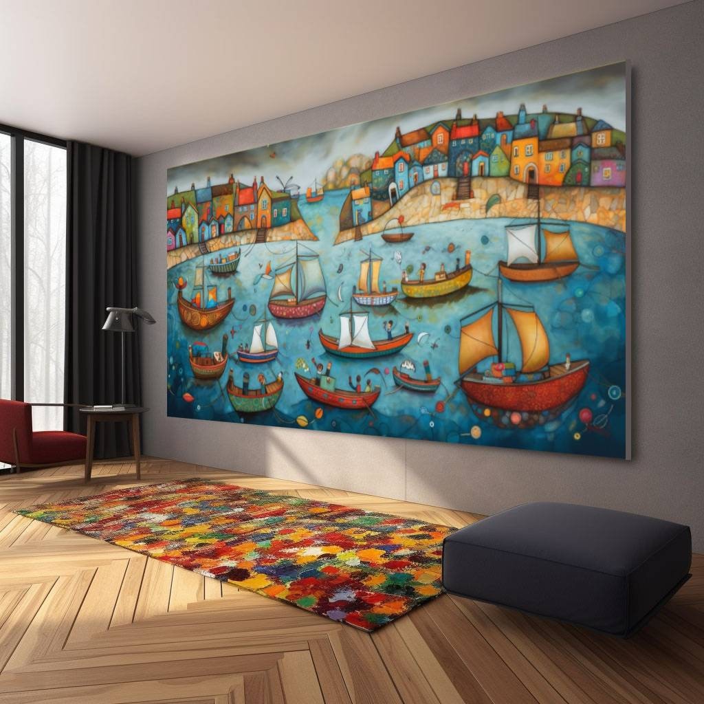 Boote Party Kunst auf Leinwand Bunte Boote & Hafen Gemälde Nautische Landschaft Kunstwerk Sommer l431
