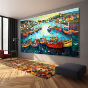 Boote Party Kunst auf Leinwand Bunte Boote & Hafen Gemälde Nautische Landschaft Kunstwerk Sommer l336