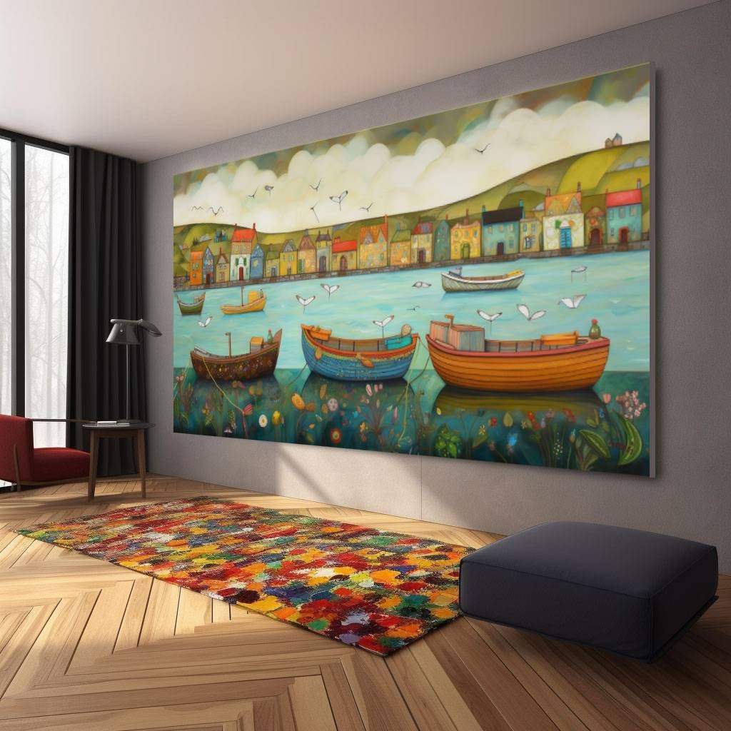 Boote Party Kunst auf Leinwand Bunte Boote & Hafen Gemälde Nautische Landschaft Kunstwerk Sommer l432
