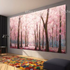 Leinwandbild „Rosa blühender Baum“: Moderne Landschaftsmalerei