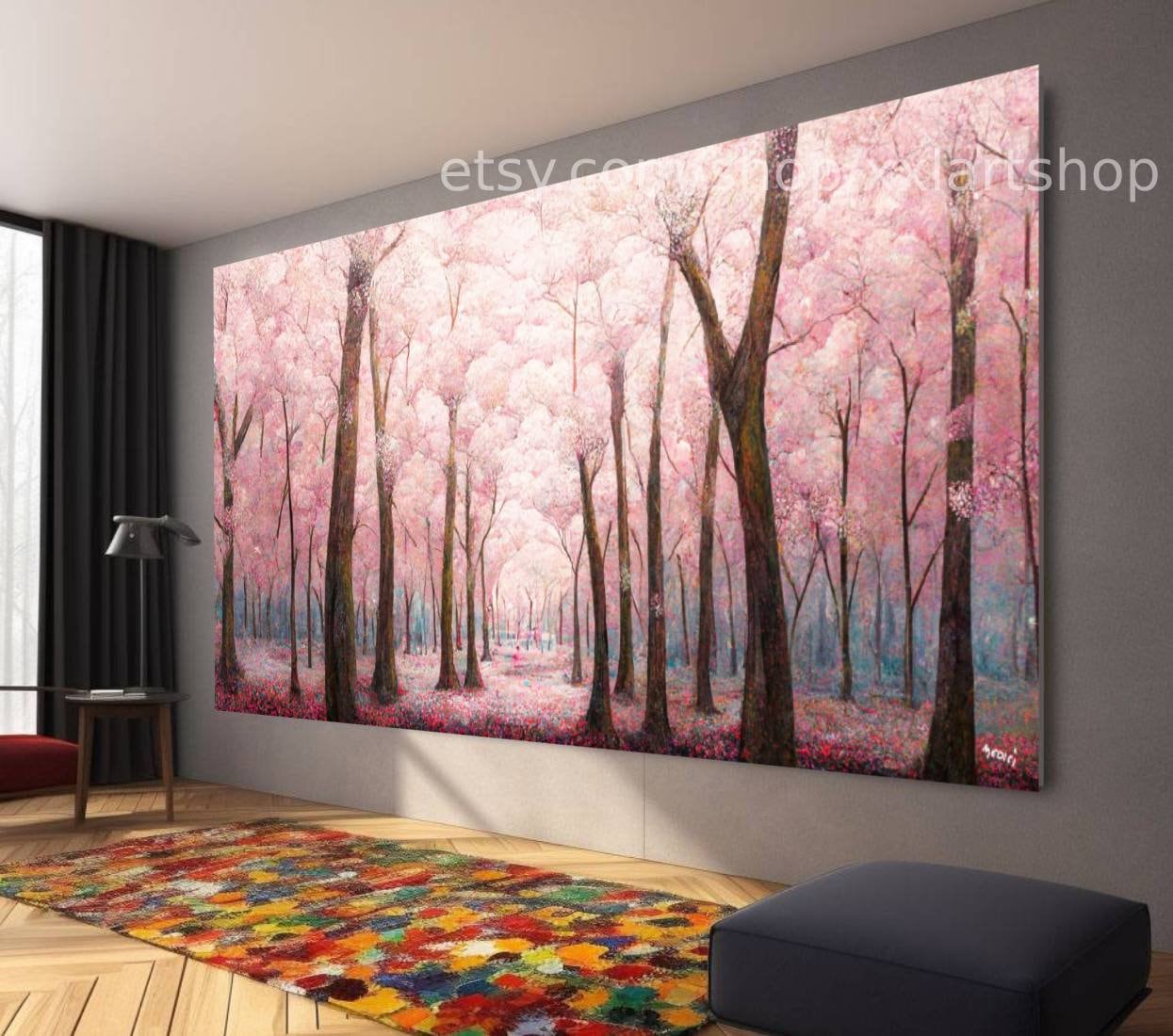 Leinwandbild „Rosa blühender Baum“: Moderne Landschaftsmalerei