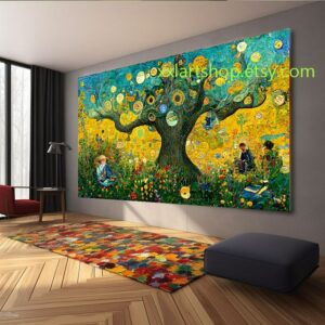 Lebensbaum im Stil von Gustav Klimt – Wandbild auf Leinwand, moderner Kunstdruck für Wohnzimmer und Büro #l380