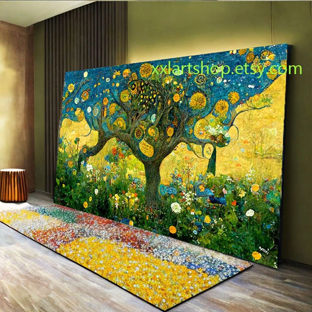 Lebensbaum im Stil von Gustav Klimt – Wandbild auf Leinwand, moderner Kunstdruck für Wohnzimmer und Büro #l363