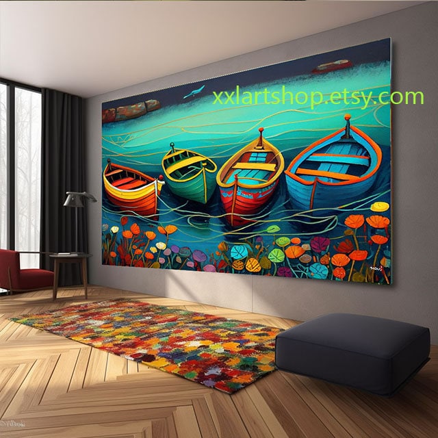 Boote Party Kunst auf Leinwand Bunte Boote & Hafen Gemälde Nautische Landschaft Kunstwerk Sommer l1342
