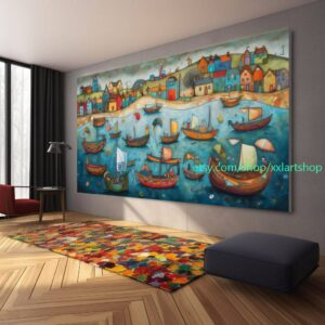 Boote Party Kunst auf Leinwand Bunte Boote & Hafen Gemälde Nautische Landschaft Kunstwerk Sommer l433