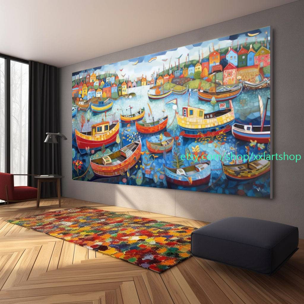 Boote Party Kunst auf Leinwand Bunte Boote & Hafen Gemälde Nautische Landschaft Kunstwerk Sommer l379