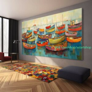 Boote Party Kunst auf Leinwand Bunte Boote & Hafen Gemälde Nautische Landschaft Kunstwerk Sommer l426
