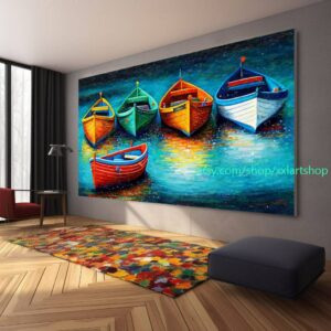 Boote Party Kunst auf Leinwand Bunte Boote & Hafen Gemälde Nautische Landschaft Kunstwerk Sommer l364