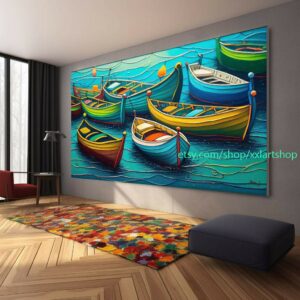 Boote Party Kunst auf Leinwand Bunte Boote & Hafen Gemälde Nautische Landschaft Kunstwerk Sommer l376