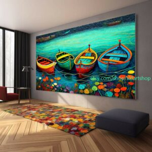 Boote Party Kunst auf Leinwand Bunte Boote & Hafen Gemälde Nautische Landschaft Kunstwerk Sommer l360a