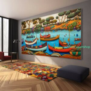 Boote Party Kunst auf Leinwand Bunte Boote & Hafen Gemälde Nautische Landschaft Kunstwerk Sommer l356