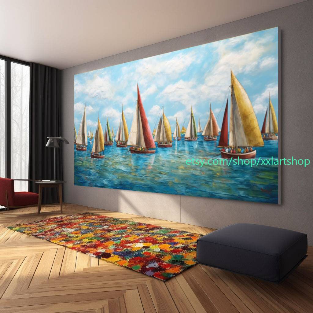 Großes Segelboot-Party-Kunstwerk auf Leinwand, farbenfrohe Segelboote und Hafenmalerei, maritime Landschaftskunst, Sommer l419