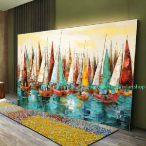Großes Segelboot-Party-Kunstwerk auf Leinwand, farbenfrohe Segelboote und Hafenmalerei, maritime Landschaftskunst, Sommer l307