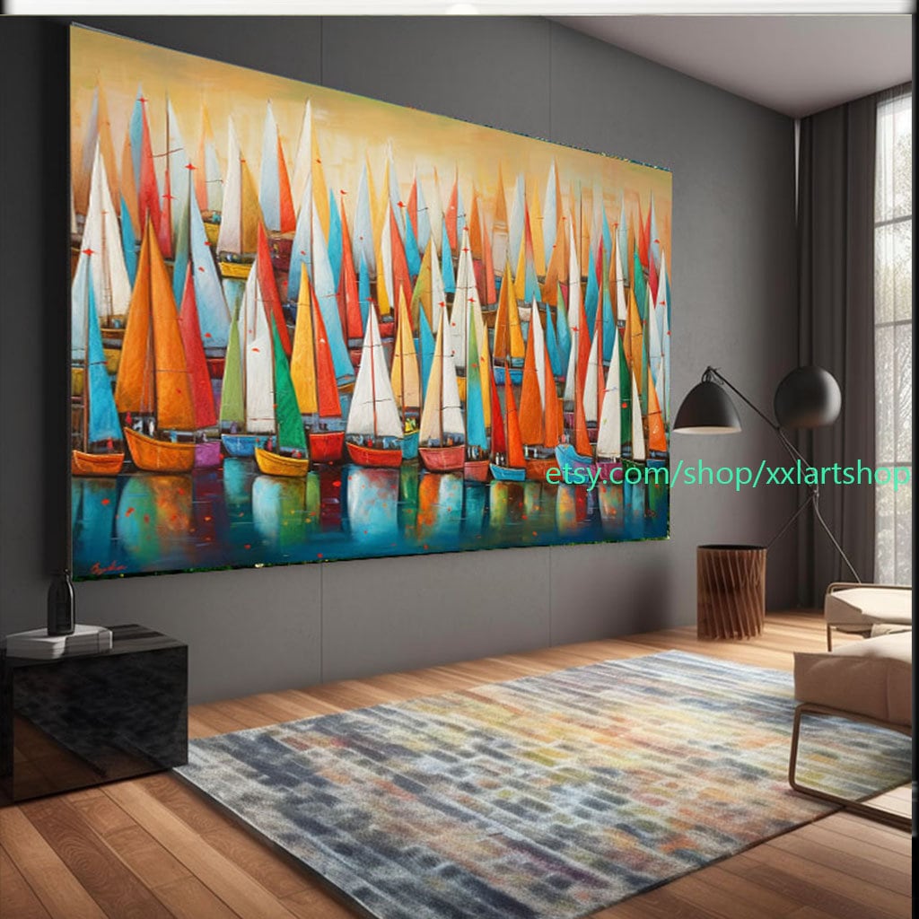Großes Segelboot-Party-Kunstwerk auf Leinwand, farbenfrohe Segelboote und Hafenmalerei, maritime Landschaftskunst, Sommer l311
