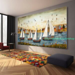 Großes Segelboot-Party-Kunstwerk auf Leinwand, farbenfrohe Segelboote und Hafenmalerei, maritime Landschaftskunst, Sommer l417