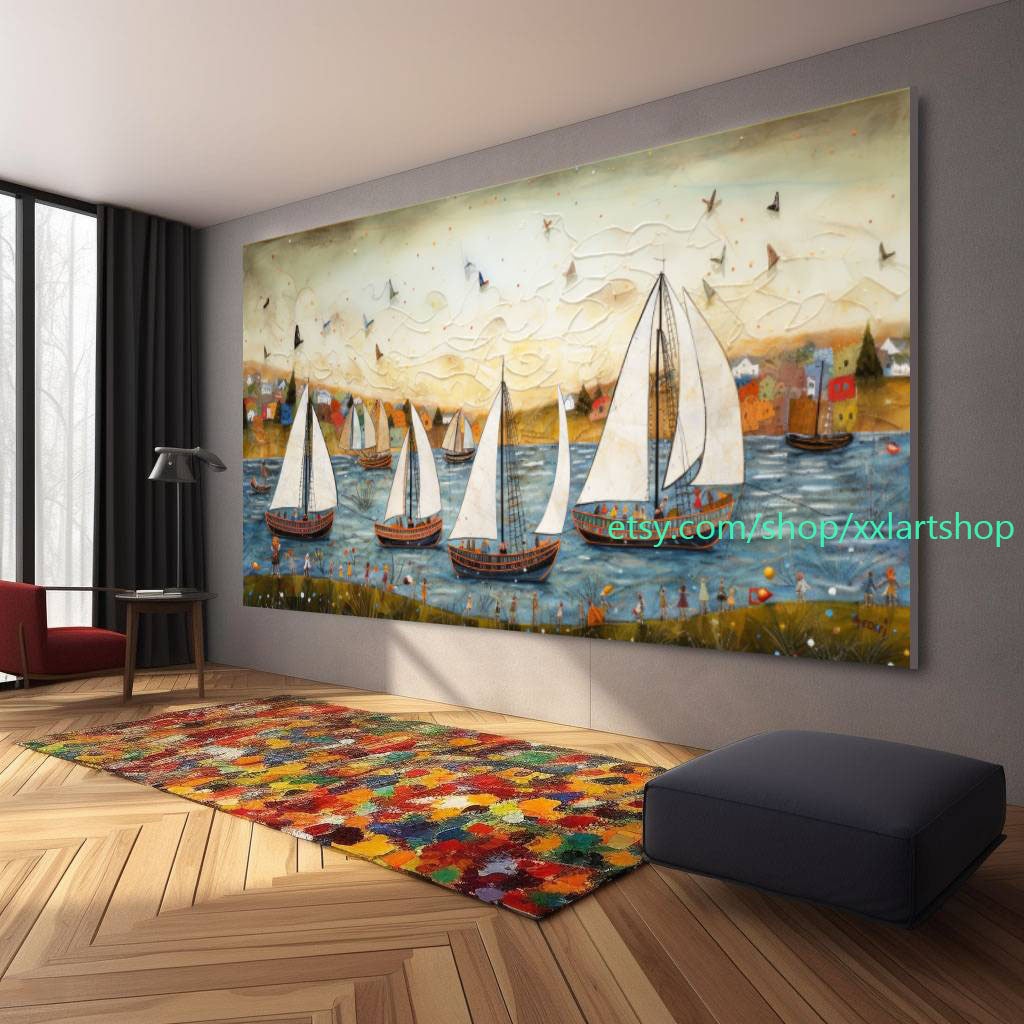 Großes Segelboot-Party-Kunstwerk auf Leinwand, farbenfrohe Segelboote und Hafenmalerei, maritime Landschaftskunst, Sommer l417