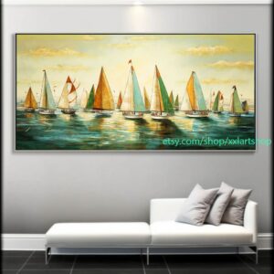 Großes Segelboot-Party-Kunstwerk auf Leinwand, farbenfrohe Segelboote und Hafenmalerei, maritime Landschaftskunst, Sommer l323
