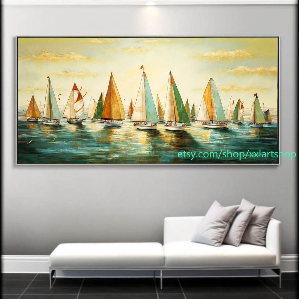 Großes Segelboot-Party-Kunstwerk auf Leinwand, farbenfrohe Segelboote und Hafenmalerei, maritime Landschaftskunst, Sommer l323