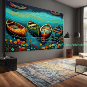 Boote Party Kunst auf Leinwand Bunte Boote & Hafen Gemälde Nautische Landschaft Kunstwerk Sommer l331