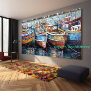 Boote Party Kunst auf Leinwand Bunte Boote & Hafen Gemälde Nautische Landschaft Kunstwerk Sommer l444