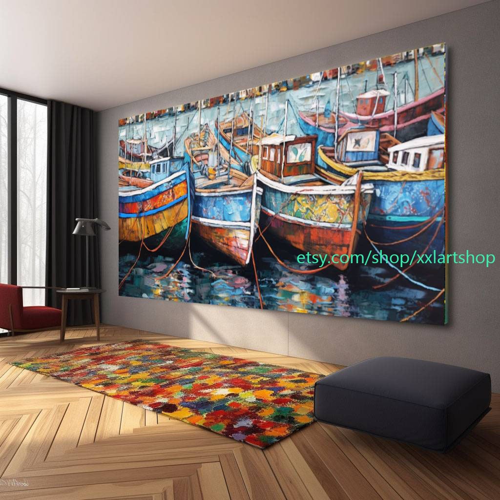 Boote Party Kunst auf Leinwand Bunte Boote & Hafen Gemälde Nautische Landschaft Kunstwerk Sommer l444