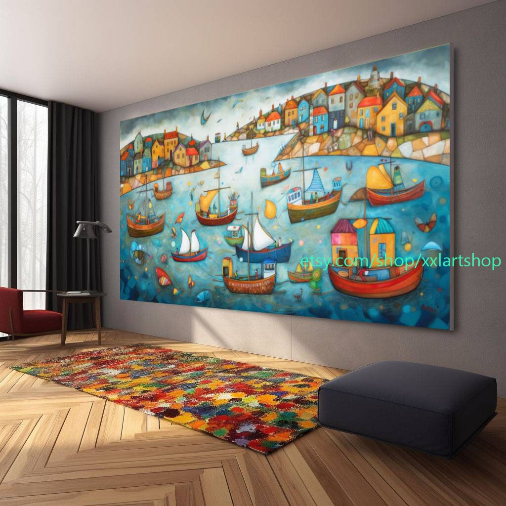 Boote Party Kunst auf Leinwand Bunte Boote & Hafen Gemälde Nautische Landschaft Kunstwerk Sommer l440