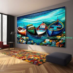 Boote Party Kunst auf Leinwand Bunte Boote & Hafen Gemälde Nautische Landschaft Kunstwerk Sommer l437
