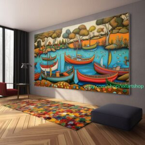 Boote versammeln sich in der Hafenlandschaft. Kunstwerk, abstraktes Gemälde mit Booten, nautische Wandkunst l303s2