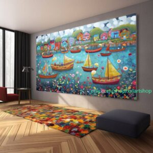 Boote versammeln sich in der Hafenlandschaft. Kunstwerk, abstraktes Gemälde mit Booten, nautische Wandkunst l302s2