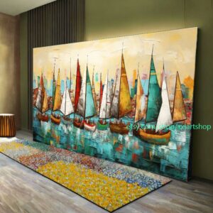 Segelboote versammeln sich in der Hafenlandschaft. Kunstwerk, abstraktes Gemälde mit Booten, nautische Wandkunst l306