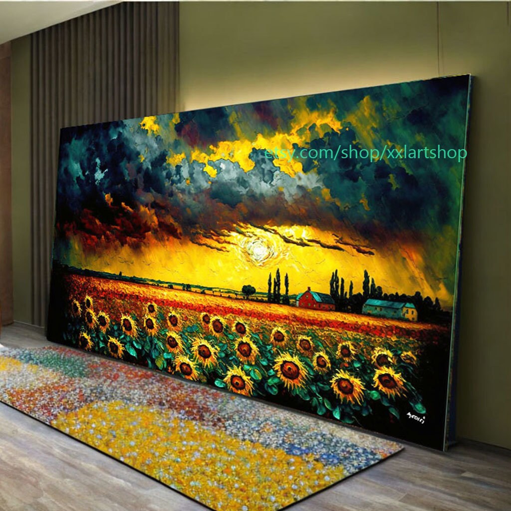Sonnenblumenfelder im Stil von Van Gogh – Wandbild auf Leinwand, modernes Bild für Wohnzimmer und Büro, auf Keilrahmen gespannt oder gerollt #l835