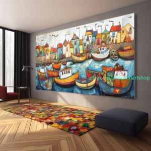 Boote Party Kunst auf Leinwand Bunte Boote & Hafen Gemälde Nautische Landschaft Kunstwerk Sommer l428