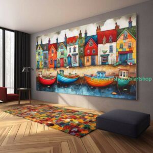 Boote Party Kunst auf Leinwand Bunte Boote & Hafen Gemälde Nautische Landschaft Kunstwerk Sommer l429