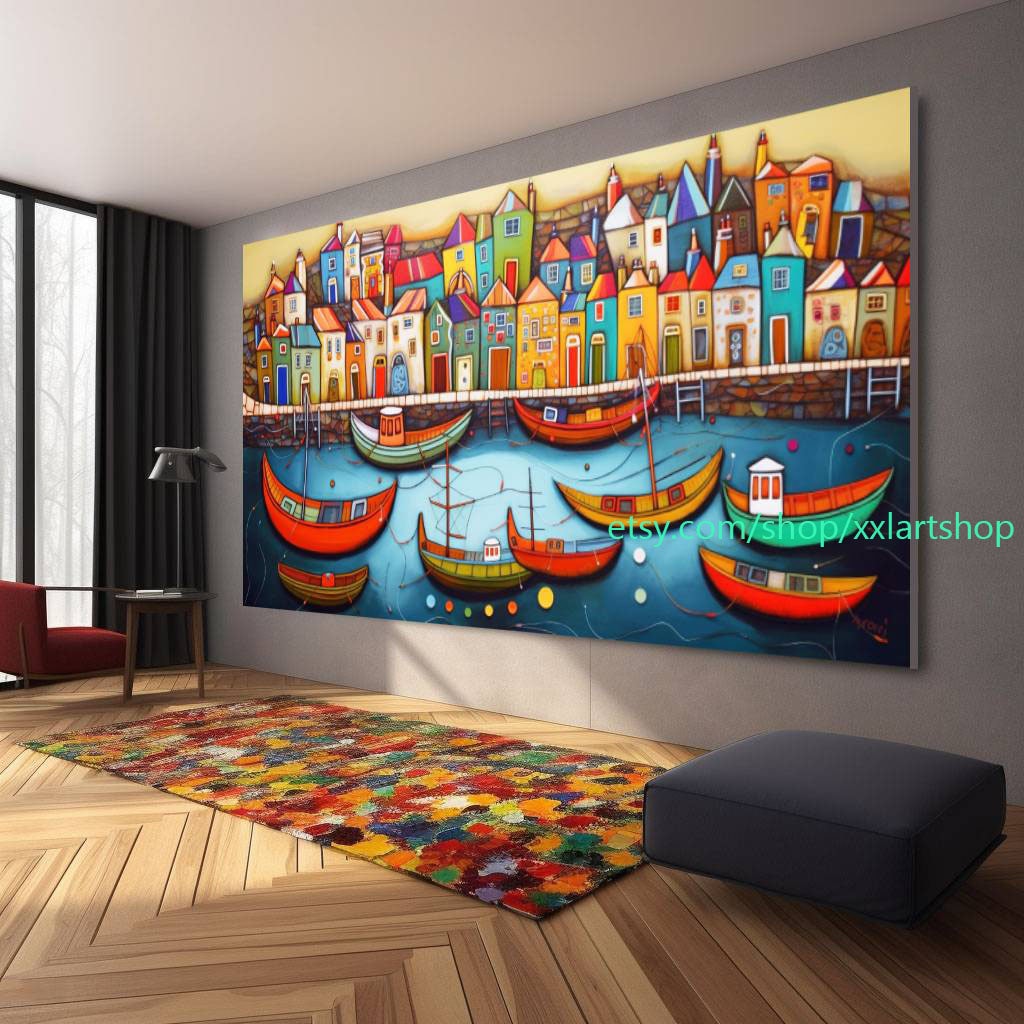 Boote Party Kunst auf Leinwand Bunte Boote & Hafen Gemälde Nautische Landschaft Kunstwerk Sommer l420