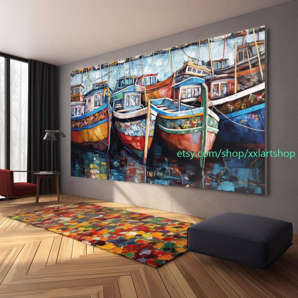 Boote Party Kunst auf Leinwand Bunte Boote & Hafen Gemälde Nautische Landschaft Kunstwerk Sommer l421