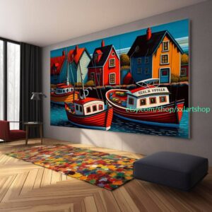Boote Party Kunst auf Leinwand Bunte Boote & Hafen Gemälde Nautische Landschaft Kunstwerk Sommer l373