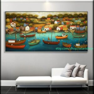 Boote Party Kunst auf Leinwand Bunte Boote & Hafen Gemälde Nautische Landschaft Kunstwerk Sommer l354