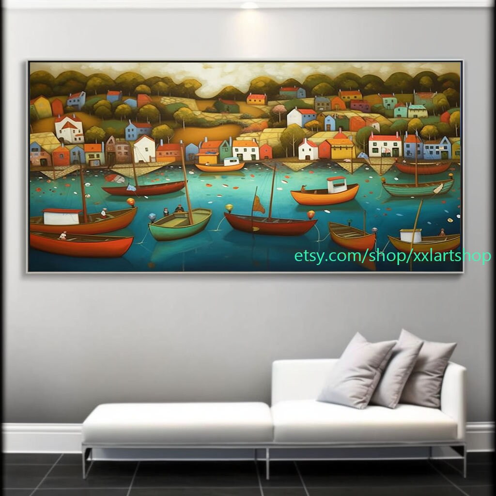 Boote Party Kunst auf Leinwand Bunte Boote & Hafen Gemälde Nautische Landschaft Kunstwerk Sommer l354