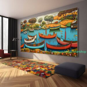 Boote versammeln sich in der Hafenlandschaft. Kunstwerk, abstraktes Gemälde mit Booten, nautische Wandkunst l304