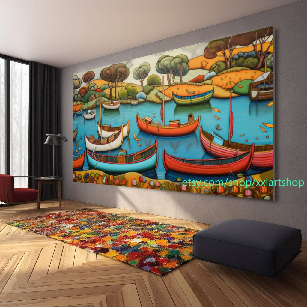 Boote versammeln sich in der Hafenlandschaft. Kunstwerk, abstraktes Gemälde mit Booten, nautische Wandkunst l304