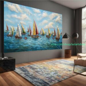 Großes Segelboot-Party-Kunstwerk auf Leinwand, farbenfrohe Segelboote und Hafenmalerei, maritime Landschaftskunst, Sommer l319