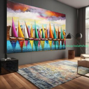 Großes Segelboot-Party-Kunstwerk auf Leinwand, farbenfrohe Segelboote und Hafenmalerei, maritime Landschaftskunst, Sommer l314