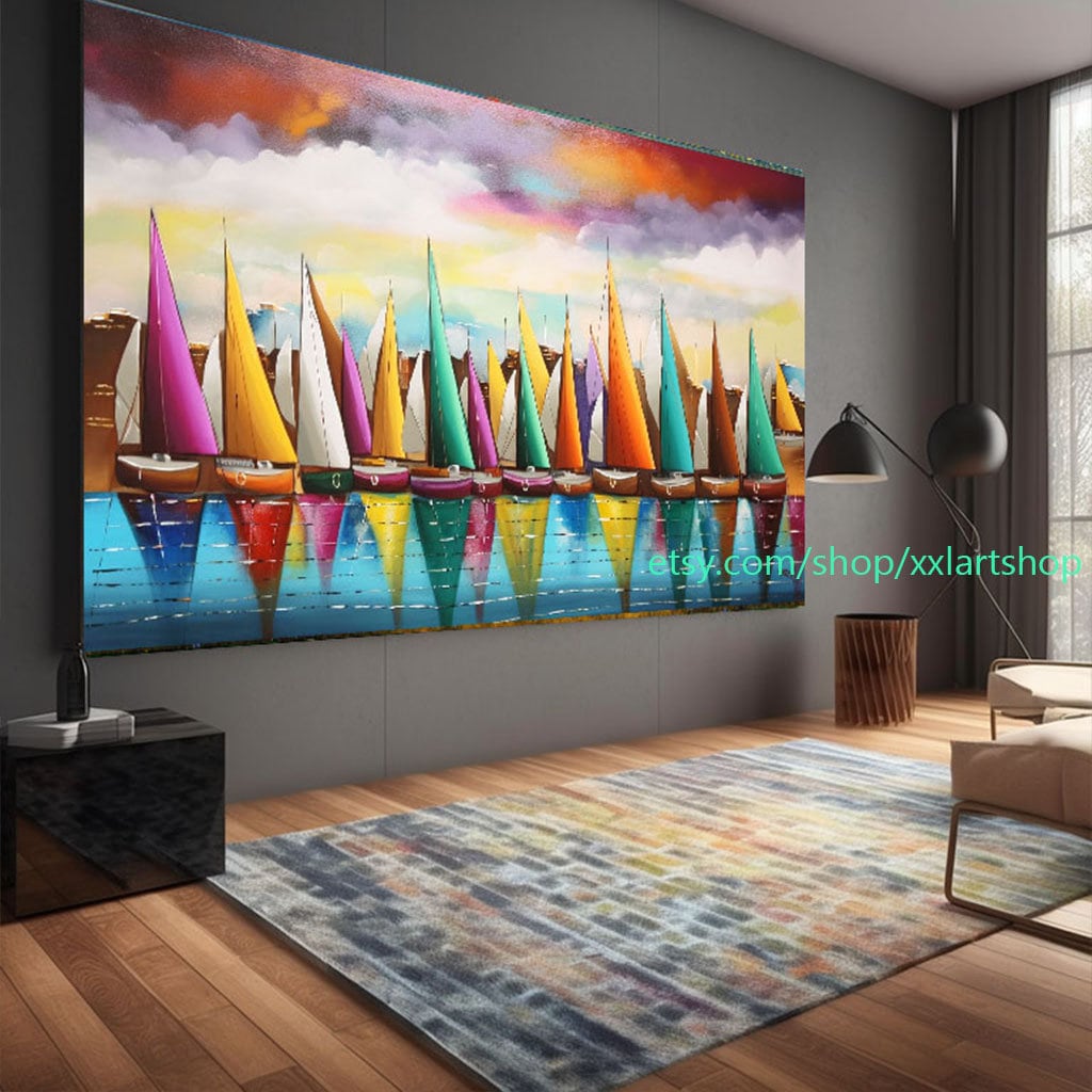 Großes Segelboot-Party-Kunstwerk auf Leinwand, farbenfrohe Segelboote und Hafenmalerei, maritime Landschaftskunst, Sommer l314