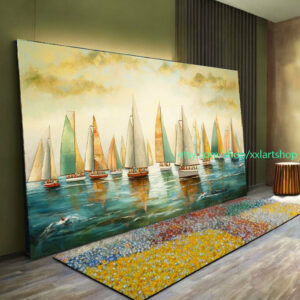 Großes Segelboot-Party-Kunstwerk auf Leinwand, farbenfrohe Segelboote und Hafenmalerei, maritime Landschaftskunst, Sommer l320