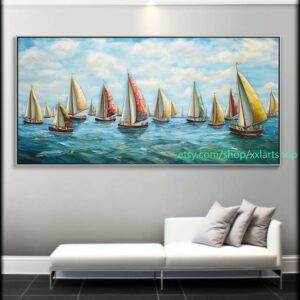 Großes Segelboot-Party-Kunstwerk auf Leinwand, farbenfrohe Segelboote und Hafenmalerei, maritime Landschaftskunst, Sommer l325