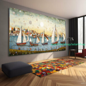 Großes Segelboot-Party-Kunstwerk auf Leinwand, farbenfrohe Segelboote und Hafenmalerei, maritime Landschaftskunst, Sommer l326