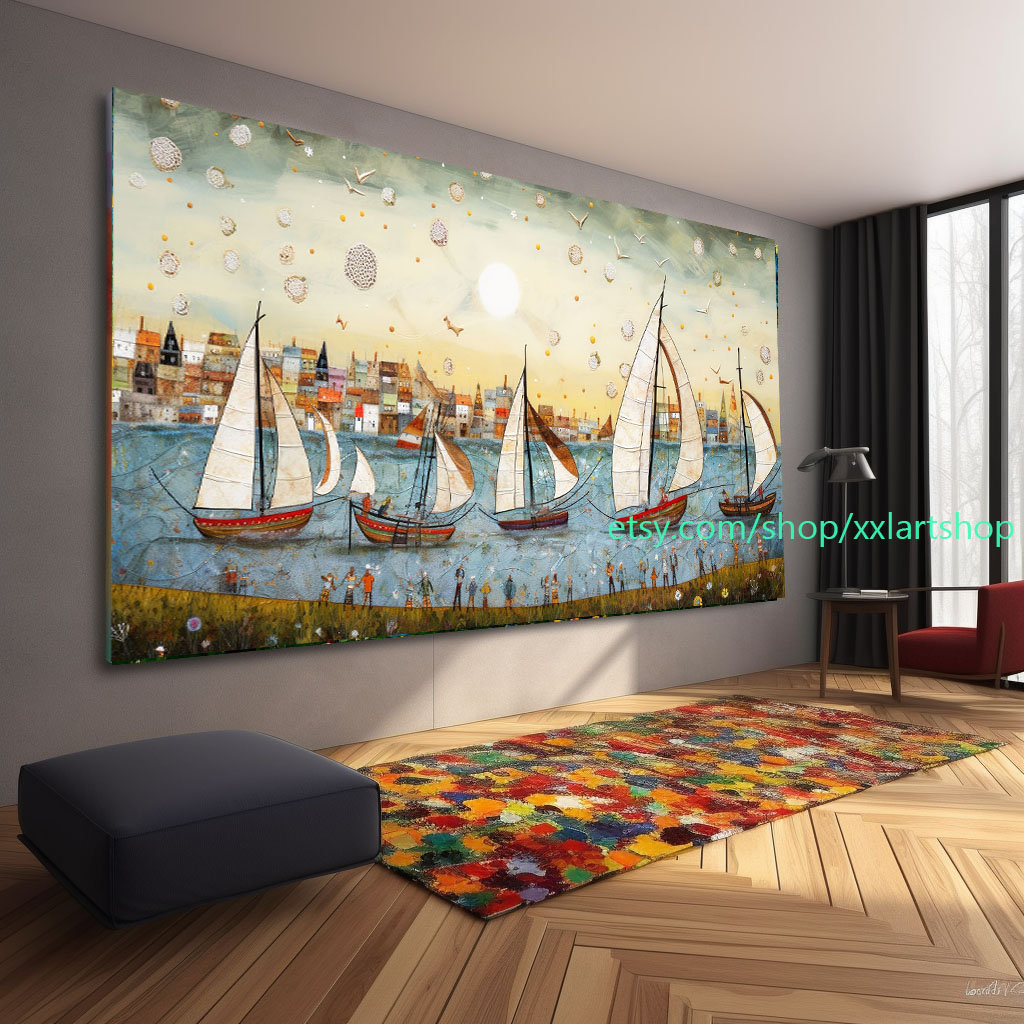 Großes Segelboot-Party-Kunstwerk auf Leinwand, farbenfrohe Segelboote und Hafenmalerei, maritime Landschaftskunst, Sommer l326