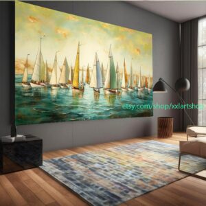 Großes Segelboot-Party-Kunstwerk auf Leinwand, farbenfrohe Segelboote und Hafenmalerei, maritime Landschaftskunst, Sommer l329